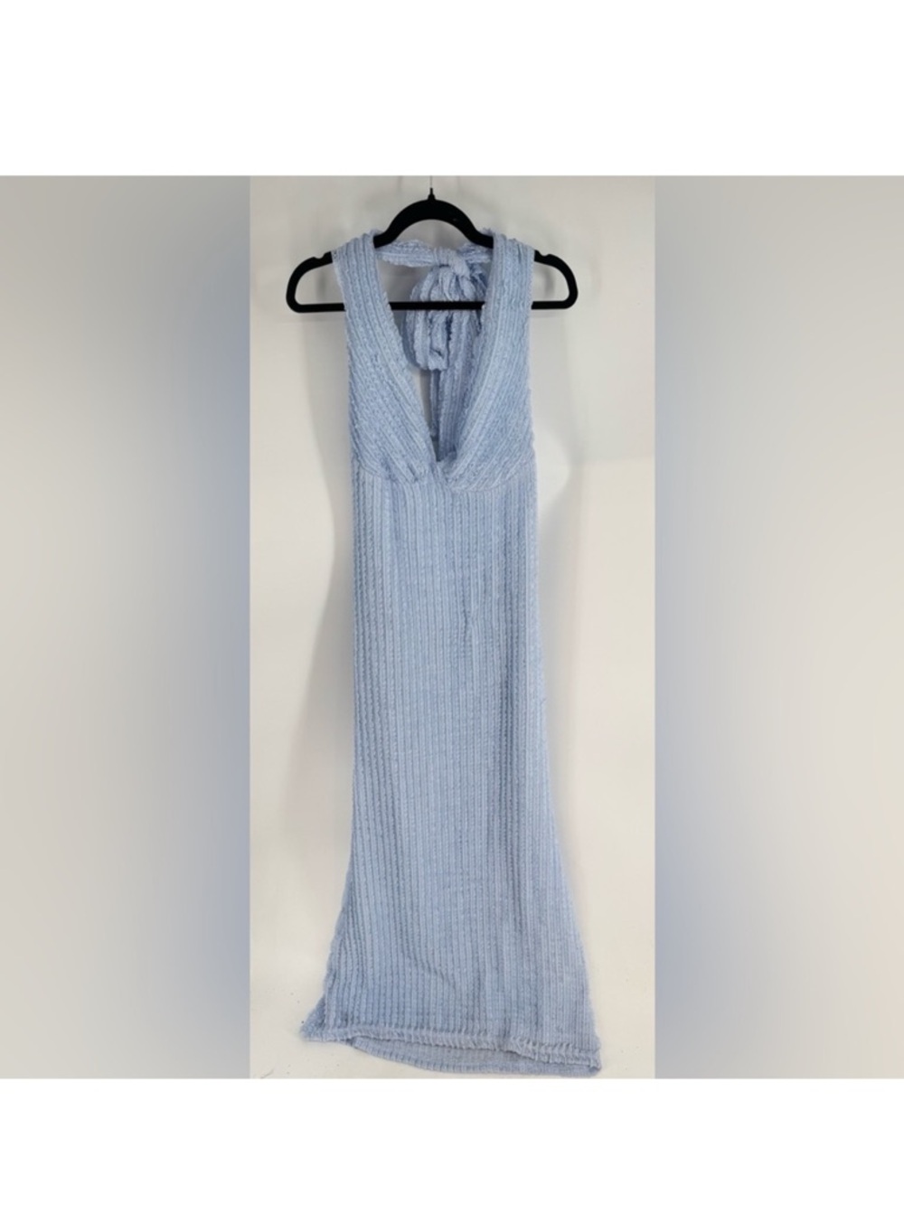 Peppermayo Frilly Lacey Cinch Open Back Halter Light Blue Sleeveless Knit Dress